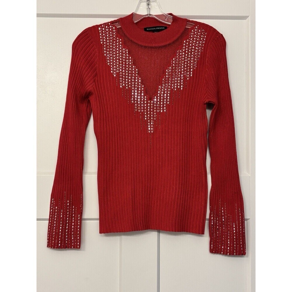 Boston Proper Rhinestone Embellished Mesh Illusion Sweater Women’s, Small, Red - Picture 2 of 10